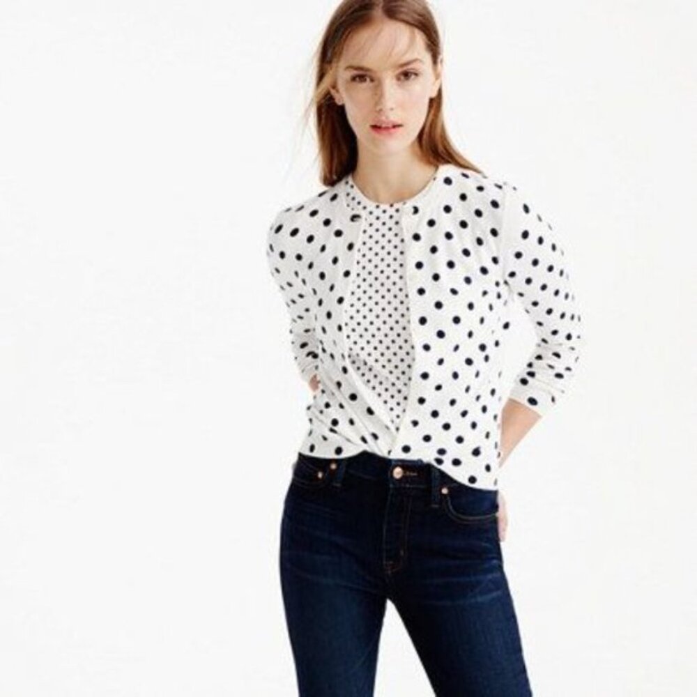 J Crew Set White and Navy Polka Dot Jackie Cardigan and Shell XS